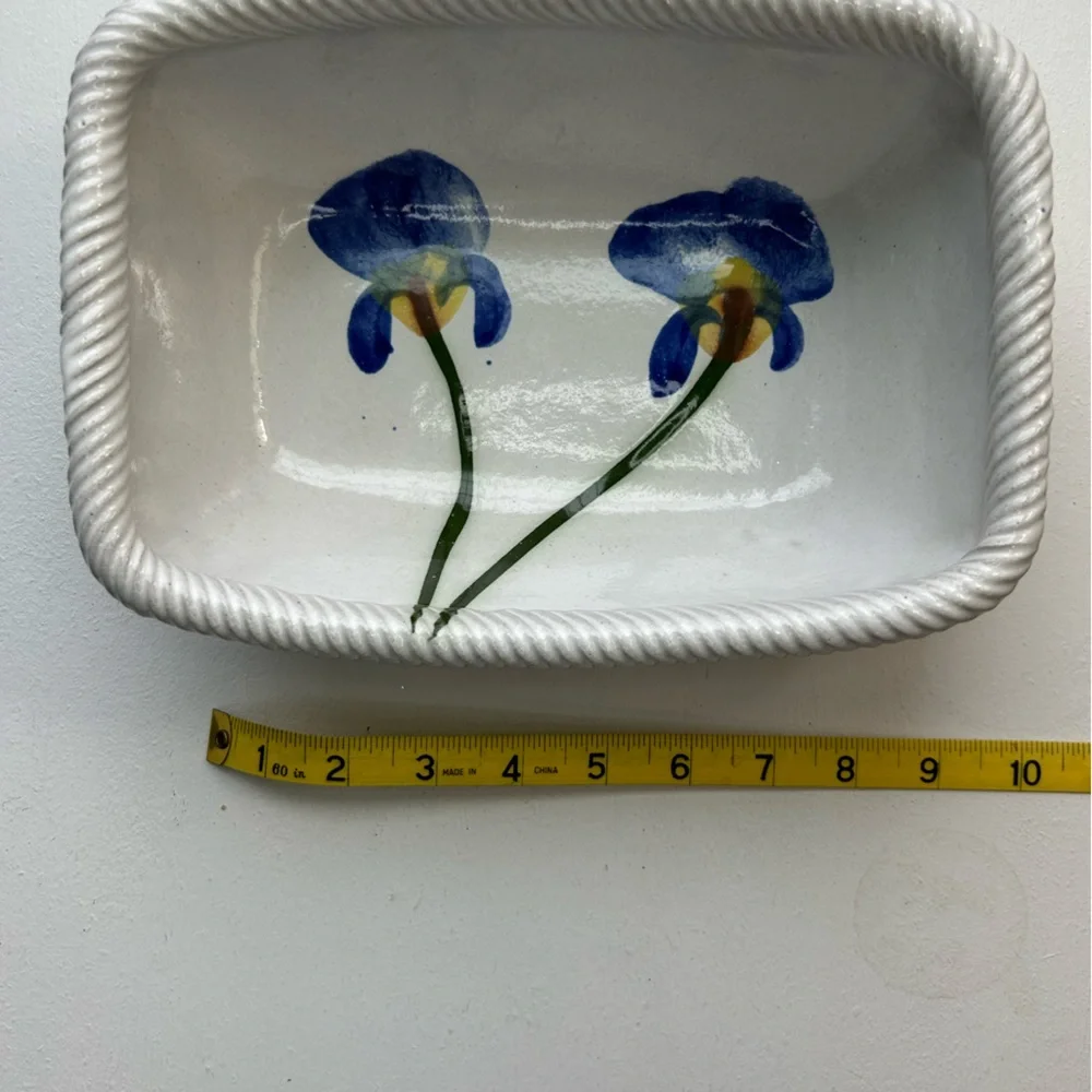 Blue iris handmade off white pottery ribbed edge casserole dish stamped